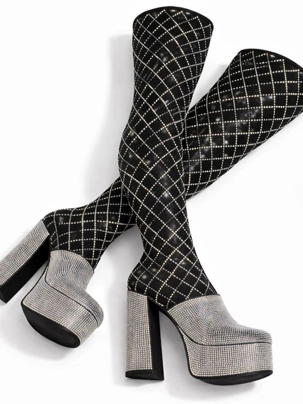 🔥Diamonds Black Silver Rhinestone Stretch Thigh High Chunky Heel Platform Boots
